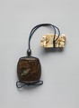Case (Inrō) with Design of Cricket and Muskmelon Plants, Case: powdered gold (maki-e) on brown and black lacquer with stained-ivory inlay; Fastener (ojime): metal; Toggle (netsuke): ivory carved in the shape of Hotei and children playing around a screen, Japan