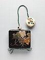 Inrō with Grapevine, Nomura Choheisai (Japanese, active second half of the 18th century), One case; lacquered wood with gold hiramaki-e, gold foil application with green stained ivory, mother-of-pearl, amber, and horn inlays on black lacquer ground
Netsuke: ivory; kagamibuta with inlaid design of gourd and vine
Ojime: ivory bead with inlaid design of branch with fruits, Japan