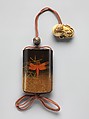 Case (Inrō) with Design of Dragonfly (obverse); Praying Mantis (reverse), Case: powdered gold (maki-e) and colored lacquer on black lacquer; Fastener (ojime): metal with design of dragon blossoms; Toggle (netsuke): ivory carved in the shape of a gourd and cicada, Japan