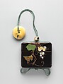 Inrō with Grapevine, Nomura Choheisai (Japanese, active second half of the 18th century), One case; lacquered wood with gold hiramaki-e, gold foil application with green stained ivory, mother-of-pearl, amber, and horn inlays on black lacquer ground
Netsuke: ivory; kagamibuta with inlaid design of gourd and vine
Ojime: ivory bead with inlaid design of branch with fruits, Japan