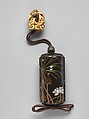 Case (Inrō) with Design of Lotus (obverse); Lotus and Bird (reverse), Shibata Zeshin (Japanese, 1807–1891), Black lacquer with wood, shell, and glass inlays; Fastener (ojime): metal; Toggle (netsuke): carved ivory in the shape of a demon, Japan