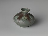 Oil bottle decorated with peonies and chrysanthemums, Stoneware with copper-red and inlaid design under celadon glaze, Korea