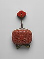 Case (Inrō) with Design of Crickets, Onko Takanaga (dates unknown), Case: carved red lacquer; Fastener (ojime): silver with openwork slide; Toggle (netsuke): red lacquer carved in the shape of a lobed table with two gentlemen playing a game of go, Japan