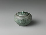Small jar and cover decorated with chrysanthemums, cranes, and clouds, Stoneware with gold and inlaid design under celadon glaze, Korea