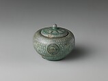 Small jar and cover decorated with chrysanthemums, cranes, and clouds, Stoneware with gold and inlaid design under celadon glaze, Korea