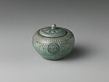 Small jar and cover decorated with chrysanthemums, cranes, and clouds, Stoneware with gold and inlaid design under celadon glaze, Korea