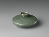 Oil bottle decorated with floral scrolls and lotus petals, Stoneware with incised design under celadon glaze, Korea