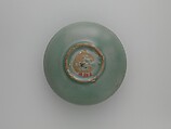 Oil bottle decorated with floral scrolls and lotus petals, Stoneware with incised design under celadon glaze, Korea