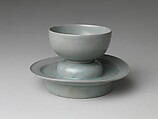 Cup and stand decorated with lotus seeds and petals, Stoneware with incised design under celadon glaze, Korea