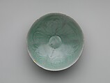 Bowl decorated with foliate rim and peony, Stoneware with mold-impressed and incised design under celadon glaze, Korea