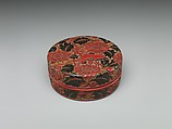 Box with chrysanthemum and praying mantis, Carved red and black lacquer, China