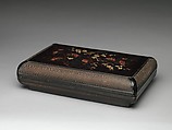 Box with gardenia, plum blossoms, and finches, Black lacquer painted with lacquer and oil-based pigments; basketry panels, China