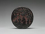 Tiered box with a praying official, Carved black lacquer on gilded ground, China