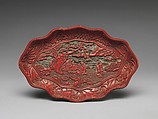Dish with immortals playing weiqi, Carved red and green lacquer, China