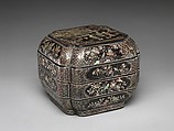 Tiered Box with Figural Scenes, Flowers, and Birds, Black lacquer with mother-of-pearl inlay, China