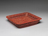 Square tray with birds in a garden, Carved red and yellow lacquer, China