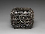 Tiered Box with Figural Scenes, Flowers, and Birds, Black lacquer with mother-of-pearl inlay, China