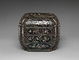 Tiered Box with Figural Scenes, Flowers, and Birds, Black lacquer with mother-of-pearl inlay, China