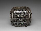 Tiered Box with Figural Scenes, Flowers, and Birds, Black lacquer with mother-of-pearl inlay, China