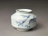 Faceted jar decorated with plum blossoms and bamboo, Porcelain with cobalt-blue design, Korea