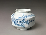 Faceted jar decorated with plum blossoms and bamboo, Porcelain with cobalt-blue design, Korea