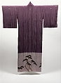 Kimono with Pines, Bamboo, and Plum, Figured satin silk (rinzu) with hand-painted details and silk embroidery, Japan