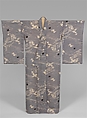 Summer Kimono with Design of Plovers, Waves, Chinese Bellflowers, Pinks, Pines, Carriages, and Fences, Silk gauze; paste-resist dyeing, Japan