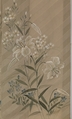 Kimono with Design of Lilies, Chinese Bellflowers, and Pinks, Figured crepe silk with woven diagonal fret pattern; hand-painted with gold accents, embroidered crest, Japan