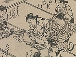 Frontispiece, Separate left page women copying from pattern book Order Book of Kosode Patterns (Chūmon no hiinagata/Hiinagata chūmon chō), Imura Katsukichi (Japanese, active early 18th century), Woodblock-printed book; ink on paper, Japan