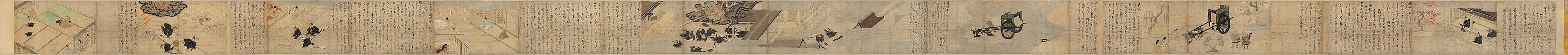 Illustrated Legends of the Kitano Tenjin Shrine (Kitano Tenjin engi emaki), Set of five handscrolls; ink, color, and cut gold leaf (kirikane) on paper, Japan