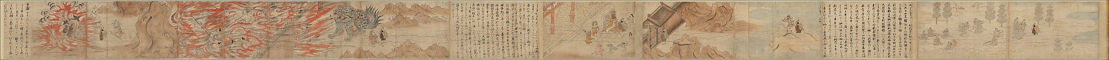 Illustrated Legends of the Kitano Tenjin Shrine (Kitano Tenjin engi emaki), Set of five handscrolls; ink, color, and cut gold leaf (kirikane) on paper, Japan