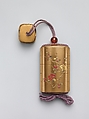 Inrō with Design of Blossoming Plum Tree, Hara Yōyūsai (Japanese, 1772–1845), Sprinkled gold lacquer with gold, silver, and red makie, takamakie, and coral inlay
Ojime: bead; tortoiseshell  
Netsuke: box with decoration of violets; gold makie lacquer with gold and silver makie, Japan