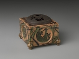 Incense Burner (kōro) with Design of Grasses, Cherry Blossoms and Butterflies, Hon'ami Kōetsu (Japanese, 1558–1637), Clay; yellow glaze; decoration of flowers, grasses and butterflies; perforated iron cover (Kyoto ware), Japan
