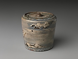 Water jar, Ogata Kenzan (Japanese, 1663–1743), Clay; bluish-gray glaze, streaked showing white underglaze; design modeled in white and brown slip, in low relief; meander borders in white and blue (Tokyo ware), Japan