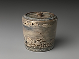 Water jar, Ogata Kenzan (Japanese, 1663–1743), Clay; bluish-gray glaze, streaked showing white underglaze; design modeled in white and brown slip, in low relief; meander borders in white and blue (Tokyo ware), Japan