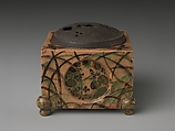 Incense Burner (kōro) with Design of Grasses, Cherry Blossoms and Butterflies, Hon&#39;ami Kōetsu (Japanese, 1558–1637), Clay; yellow glaze; decoration of flowers, grasses and butterflies; perforated iron cover (Kyoto ware), Japan