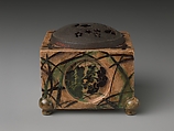 Incense Burner (kōro) with Design of Grasses, Cherry Blossoms and Butterflies, Hon&#39;ami Kōetsu (Japanese, 1558–1637), Clay; yellow glaze; decoration of flowers, grasses and butterflies; perforated iron cover (Kyoto ware), Japan