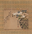Bellflowers in Basket, Ogata Kenzan (Japanese, 1663–1743), Hanging scroll; ink and color on paper, Japan