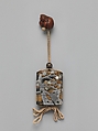 Case (Inrō) with Design of Maple Tree and Stream, In the style of Ogata Kōrin (Japanese, 1658–1716), Gold lacquer with dark gray ishime, gold, red, black, and silver makie, pewter, and mother-of-pearl; Ojime: bead with autumn wild flowers; Netsuke: rat eating peach; boxwood, Japan