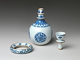 Base for a Water Pipe (huqqa) with Floral Medallions, Porcelain painted with cobalt blue under transparent glaze, and with brown glaze (Jingdezhen ware), China