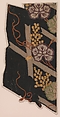 Pieces from a Robe (Kosode) with Pattern of Grapevine and Fence, Shibori-dyed silk satin damask (rinzu) embroidered with silk and metallic thread, Japan