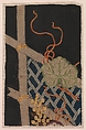 Pieces from a Robe (Kosode) with Pattern of Grapevine and Fence, Shibori-dyed silk satin damask (rinzu) embroidered with silk and metallic thread, Japan