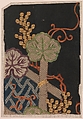 Pieces from a Robe (Kosode) with Pattern of Grapevine and Fence, Shibori-dyed silk satin damask (rinzu) embroidered with silk and metallic thread, Japan