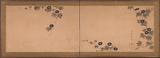 Morning Glories, Tawaraya Sōri (active late 18th century), Two-panel folding screen; ink and color on paper, Japan