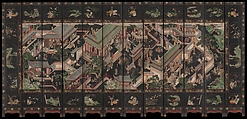 Palace Scene, Feng Langgong (Chinese,), Twelve-panel folding screen; wood, painted, lacquered and with gilt, China
