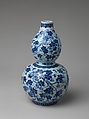 Gourd-shaped vase with gourds on vines and bats, Porcelain painted in underglaze cobalt blue (Jingdezhen ware), China