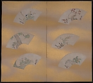 Flowers and Trees of the Twelve Months, Nakamura Hōchū (Japanese, died 1819), Twelve fans on a pair of two-panel folding screens; ink, color, and gold on paper, Japan