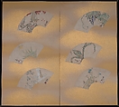 Flowers and Trees of the Twelve Months, Nakamura Hōchū (Japanese, died 1819), Twelve fans on a pair of two-panel folding screens; ink, color, and gold on paper, Japan