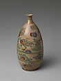 Ninsei-style Sake Bottle with Floral Patterning, Clay with a crackled transparent glaze, colored enamels, and gold (Kyoto ware), Japan