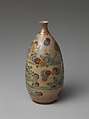 Ninsei-style Sake Bottle with Floral Patterning, Clay with a crackled transparent glaze, colored enamels, and gold (Kyoto ware), Japan